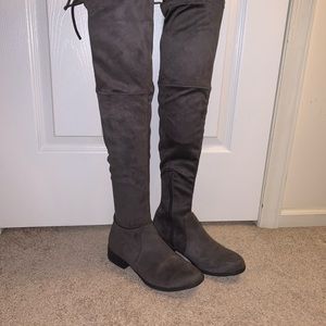 Grey knee high boots